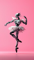 A robotic ballerina with mechanical joints strikes an elegant ballet pose against a pink background, blending art and technology.