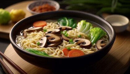 Fresh, healthy vegetable soup with mushrooms, noodles, and chopsticks generated by AI