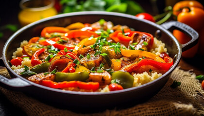 Freshness and variety on a rustic wooden plate, healthy gourmet salad generated by AI