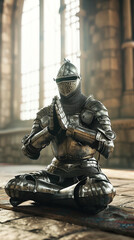 Medieval knight doing yoga and meditating.