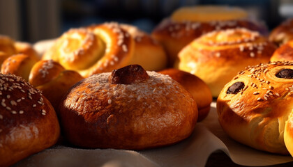 Freshly baked bread and sweet buns, a homemade gourmet indulgence generated by AI