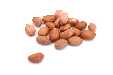 Dried peanuts in closeup on white
