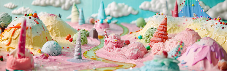 Colorful and surreal landscape composed of ice cream mountains with candy decorations and fluffy clouds.