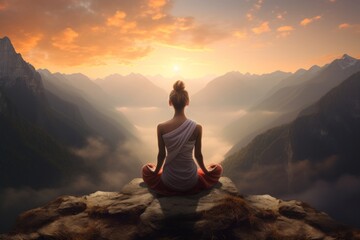 A Woman sitting in Meditation on the top of a Mountain during Sunrise - representing her Devotion, Commitment to her Mental Health, Mindfulness, Compassion and Love  - obrazy, fototapety, plakaty