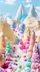Colorful and surreal landscape composed of ice cream mountains with candy decorations and fluffy clouds.