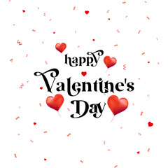 Valentine's Day Poster with Cute Typography, Hearts, and Confetti on Red Background. Promotion and Shopping Template.