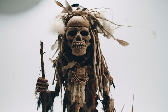 A detailed voodoo witch doctor totem effigy on white background. Generative AI
