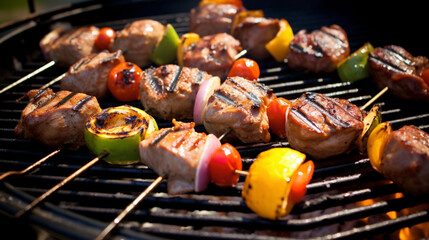 Grilled skewers of vegetables and meat on the grill, outside. AI Generative