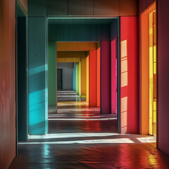 Painting of colorful open doors and walls. Path down a sunlit hallway