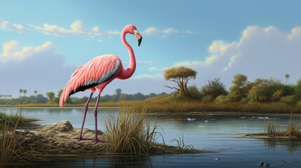 pink flamingo (coast landscape, birds). pink flamingos during a brilliant. AI Generative