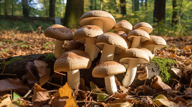 Porcini Cep White Mushroom King (Boletus Pinophilus) Mycelium grow in moss in a forest AI Generative