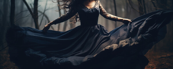 Ethereal woman in a flowing dark dress appears in a twilit forest, exuding an enigmatic and graceful presence.