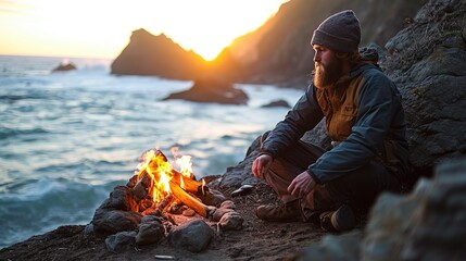 a generically handsome man in in casual winter clothes hanging out at sunset around a camp fire at a beach  - obrazy, fototapety, plakaty
