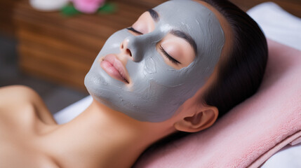 Serene woman enjoying a luxurious spa facial mask treatment, lying down with eyes closed, surrounded by green leaves.
