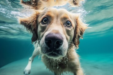 Adorable dog swims underwater in clear sea, gazes at camera. Generative AI