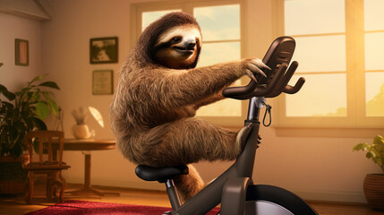 A whimsical image of an animated sloth using an elliptical machine at a gym, embodying a blend of humor and motivation.