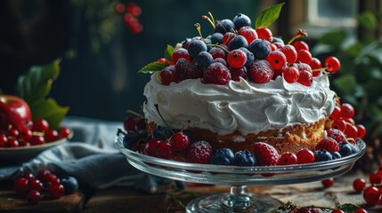 cake with white icing and fruit on a glass platter,  