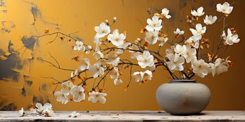 Serene and Artistic Grey Ceramic Vase with Blossoming Branches on a Weathered Table Against a Yellow Peeling Wall