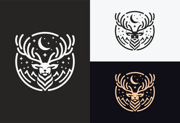 Deer logo design illustration and logotype with circles and stars in line style