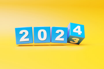 Calendar header number 2024 on   yellow background. Happy new year 2024 colorful background.