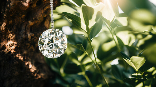 A radiant diamond pendant frowing on a tree branch, illuminated by natural sunlight against a backdrop of lush green leaves.