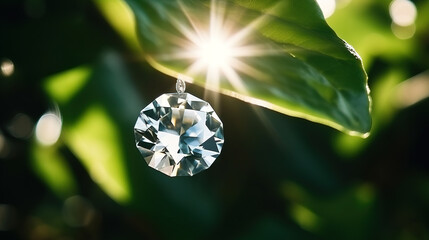 A radiant diamond pendant frowing on a tree branch, illuminated by natural sunlight against a backdrop of lush green leaves.