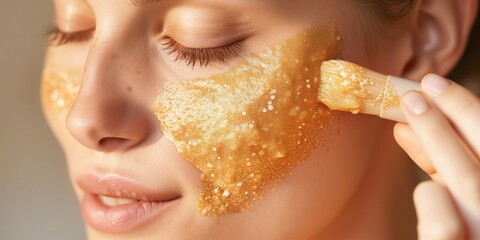 Golden mask on the face. Care. Beautiful skin. Youth