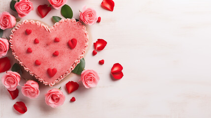 Valentine's Day background with heart shaped cake, roses and copy space
generativa IA