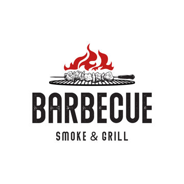 BBQ icon illustration, grill house and bar with grill, fire, fork and spatula for barbecue restaurant logo design