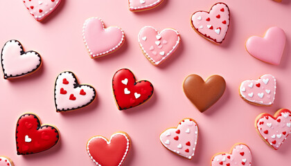 Fototapeta premium Heart shaped cookies in pink, a sweet celebration generated by AI