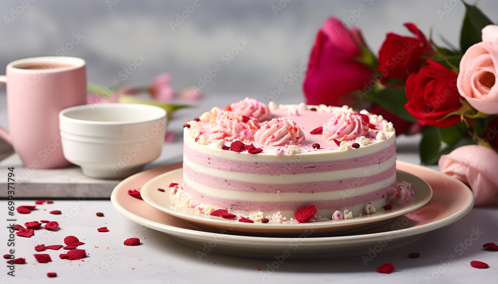 Sticker sweet dessert on pink table, decorated with flowers generated by ai