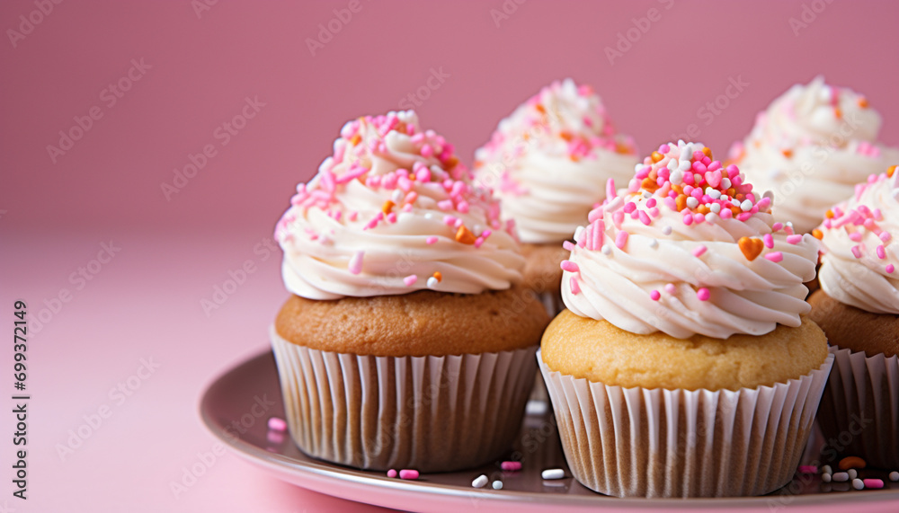 Poster homemade cupcake with pink icing and chocolate decoration generated by ai