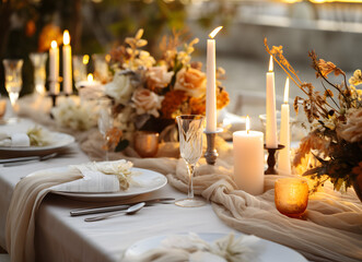 table setting with flowers and candles for a wedding reception	
