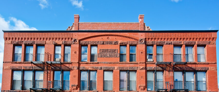 Historical Arcade building, a residential and commercial complex, in downtown of  Westborough MA USA