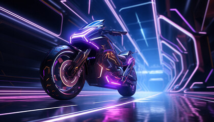Blurred motion, shiny motorcycle racing in dark city generated by AI