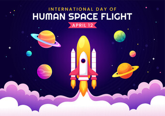 International Day of Human Space Flight Vector Illustration on 12 April with Astronaut Standing on the Moon, Transmitter Satellites and Planets - obrazy, fototapety, plakaty