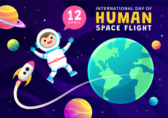 Naklejka premium International Day of Human Space Flight Vector Illustration on 12 April with Astronaut Standing on the Moon, Transmitter Satellites and Planets