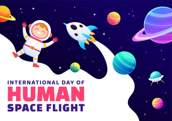 International Day of Human Space Flight Vector Illustration on 12 April with Astronaut Standing on the Moon, Transmitter Satellites and Planets