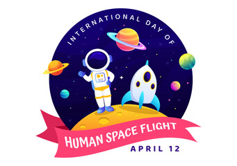 Fototapeta premium International Day of Human Space Flight Vector Illustration on 12 April with Astronaut Standing on the Moon, Transmitter Satellites and Planets