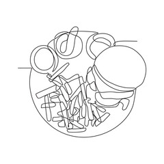 One continuous line drawing of food for dinner is available on the table in the restaurant vector illustration. Vector design with Minimalist black linear concept. Food themes for your business asset 