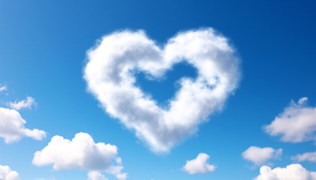 Love in nature, blue sky, heart shaped symbol generated by AI