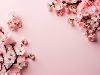 flat lay photo of sakura flowers (cherry blossoms) on bottom left and bottom right of a flat soft pink background with copy space in the middle
