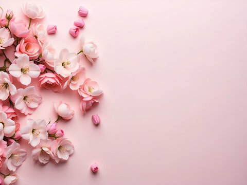 flat lay photo of sakura flowers (cherry blossoms) on bottom left and bottom right of a flat soft pink background with copy space in the middle