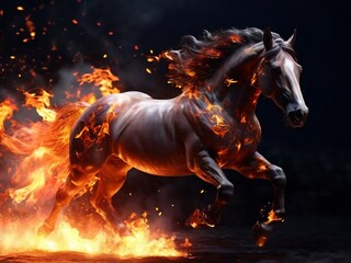 Obraz na płótnie Canvas Powerful horse running from fire – strong image for forest fire themes. Ideal for dramatic and impactful visual storytelling. Strong horse running through fire.