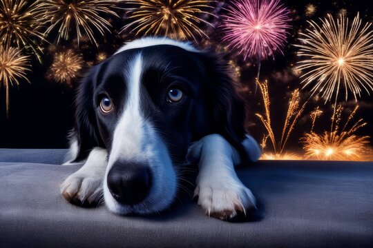 Cachorro assustado com queima de fogos de artif&iacute;cio, gerado com ia.