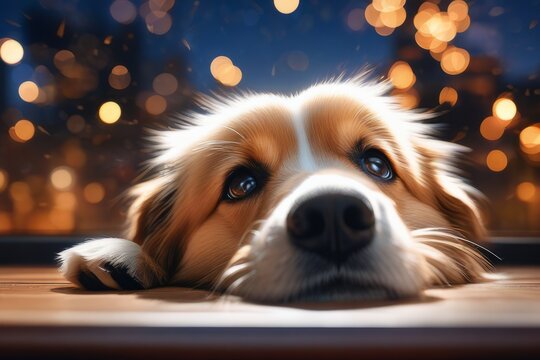 Cachorro assustado com queima de fogos de artif&iacute;cio, gerado com ia.