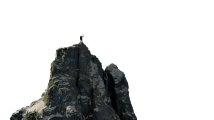 Adventure Man Hiker standing on top of Mountain Peak with Ice Axe. Cutout on White Background. 3d Rendering PNG
