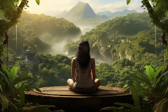 Woman Meditating on a Yoga platform in a lush tropical jungle landscape in her search for Spiritual Enlightenment, Compassion, Love, and Inner peace. A representation of Devotion, Solitude and Grace