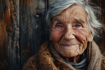 A portrait of an elderly woman with smile and wrinkles - obrazy, fototapety, plakaty
