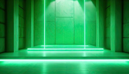 A minimal of the green neon light empty room for design purposes.